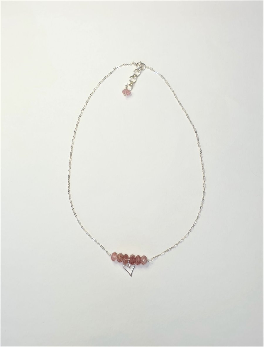 Strawberry Quartz And Heart Necklace With Sterling Silver, Choker Style 