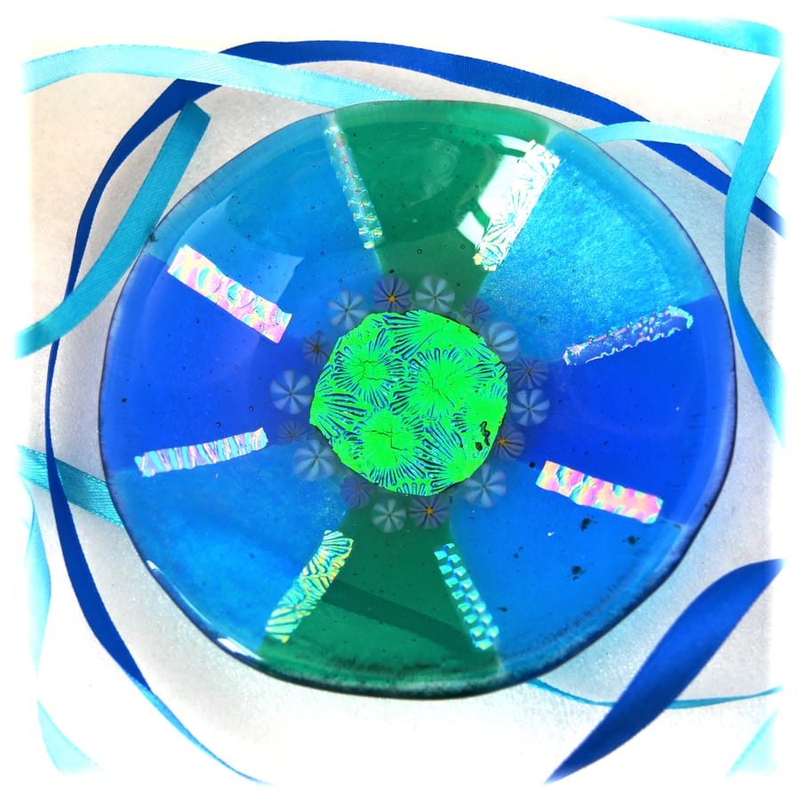 Teal Dichroic Glass Fused Bowl 13 x 2.5cm 062 Turquoise