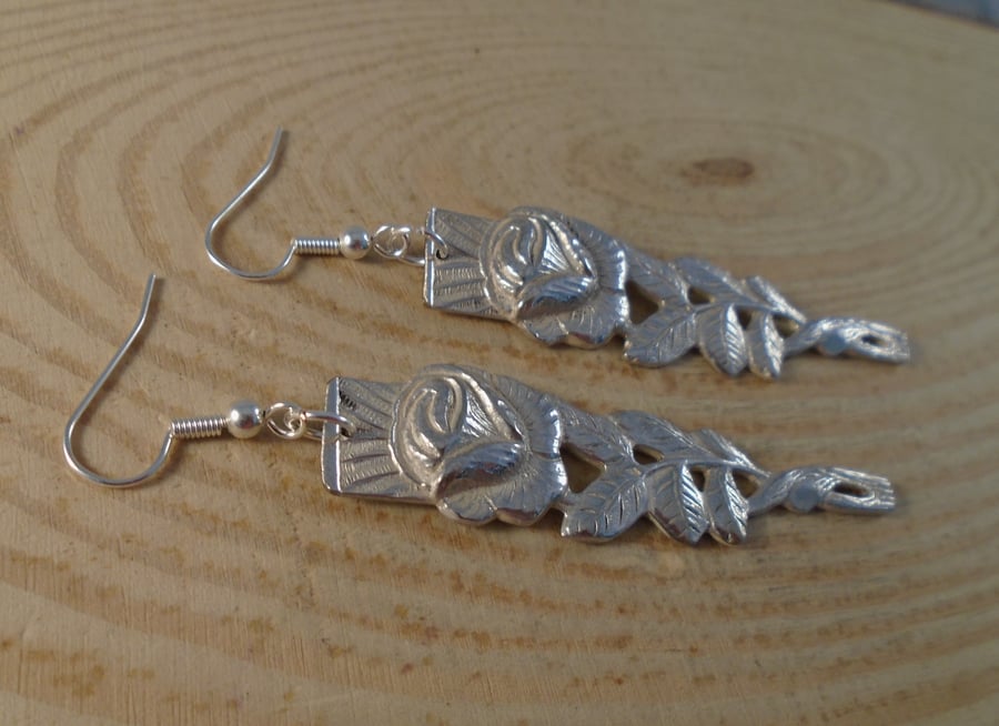 Upcycled Silver Plated Rose Sugar Tong Handle Drop Earrings SPE071921