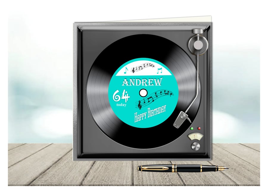 Personalised Vinyl Record on turntable birthday card with turquoise label 