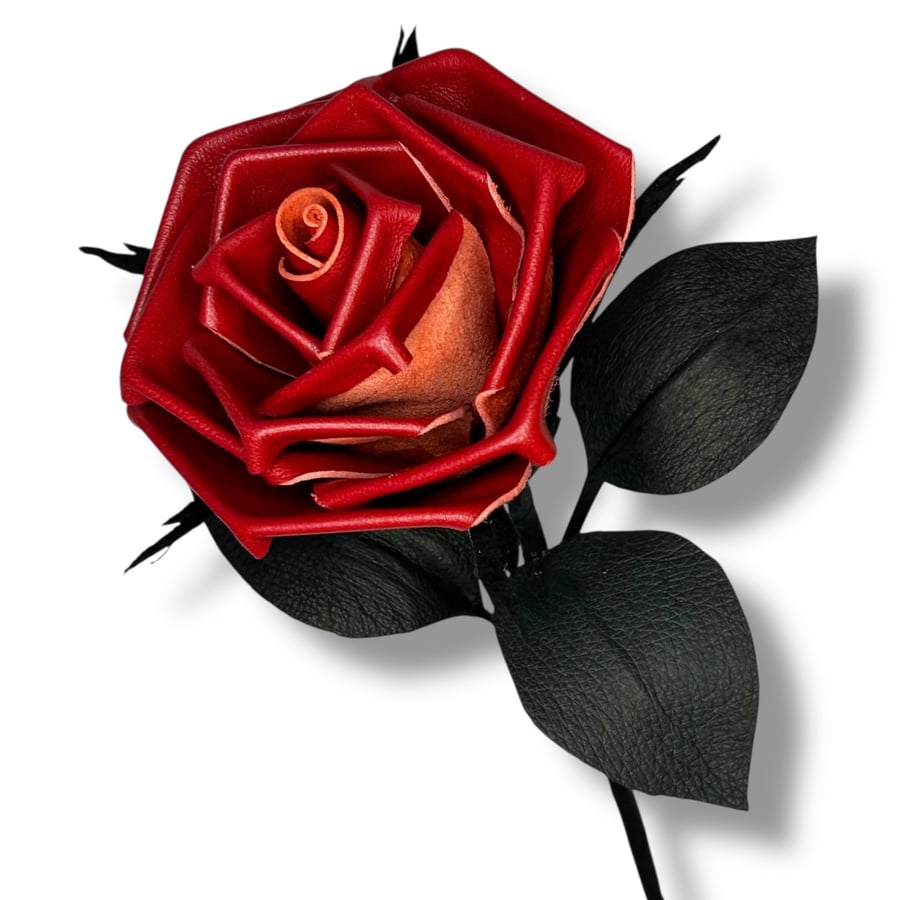 Gothic Dark Red Leather Rose with Black Leaves – Handmade Gift