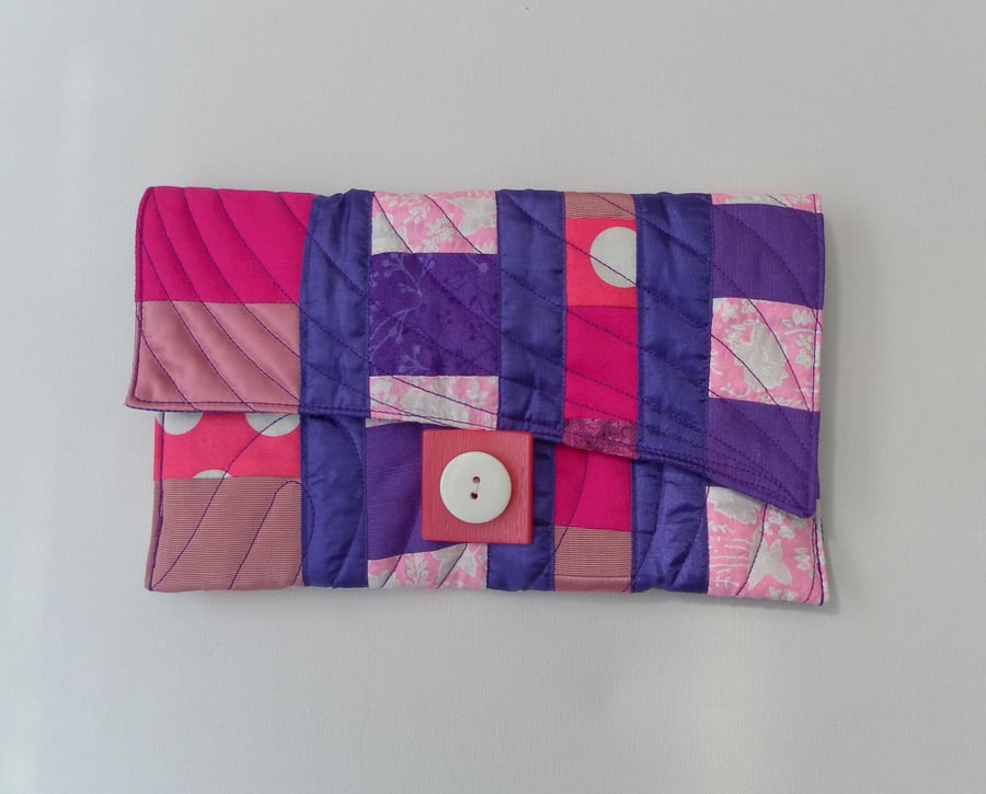 Clutch, Handbag, Freestyle Patchwork Quilting, Pink and Purple