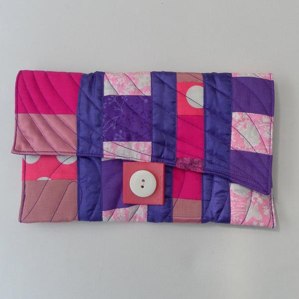 Clutch, Handbag, Freestyle Patchwork Quilting, Pink and Purple