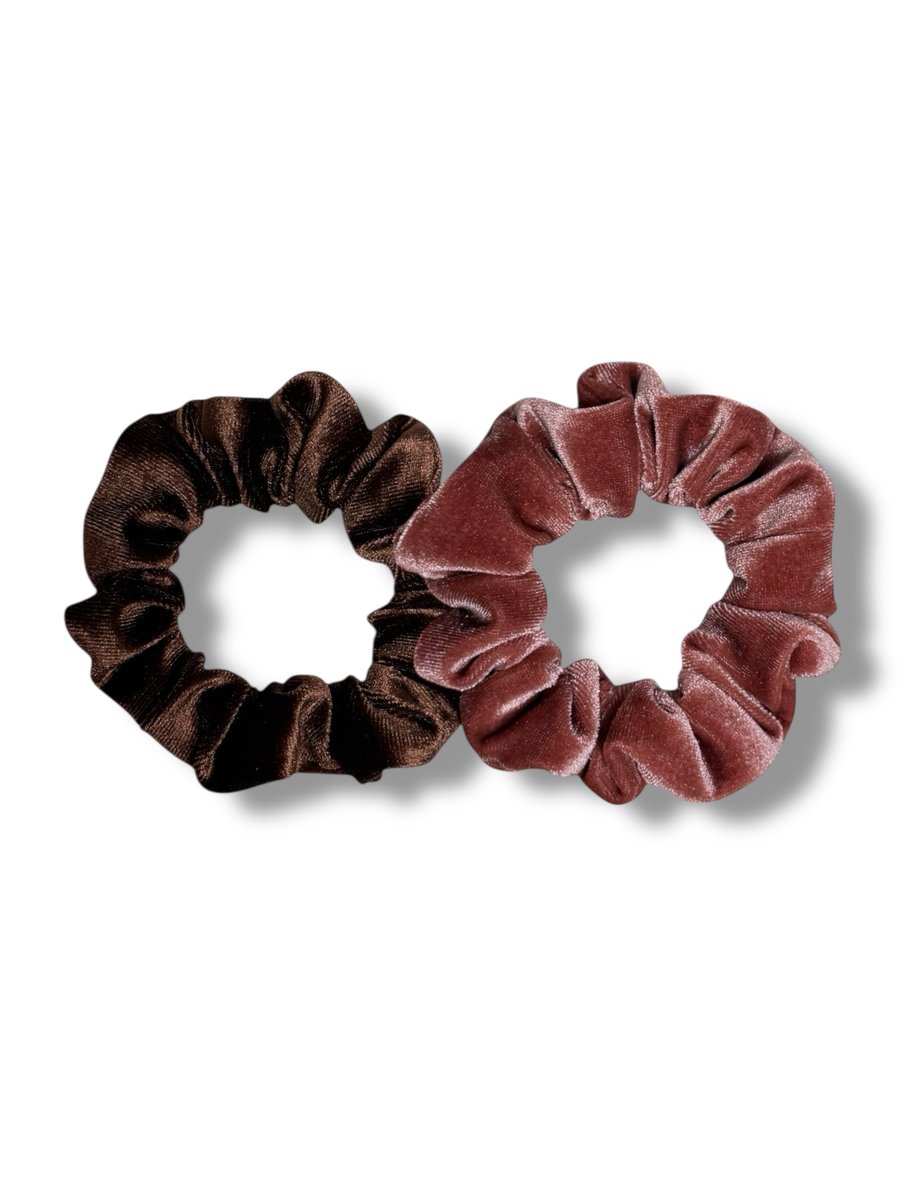 Set of 2 - Chocolate & Rose Pink Velvet Scrunchies - Regular