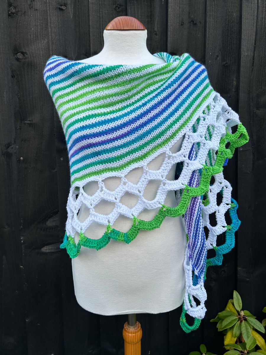 Summer Breeze Vegan yarn stripes and scallops asymmetrical shawl wrap 