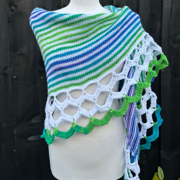 Summer Breeze Vegan yarn stripes and scallops asymmetrical shawl wrap 