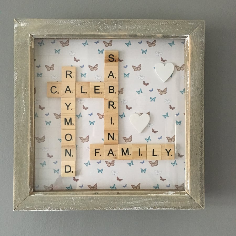 Bespoke handmade Scrabble letter family pictures