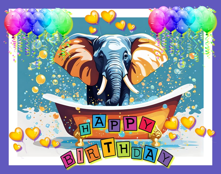 Happy Birthday Elephant in Bath Greeting Card A5