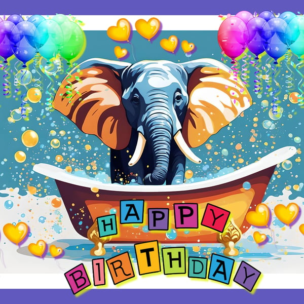 Happy Birthday Elephant in Bath Greeting Card A5