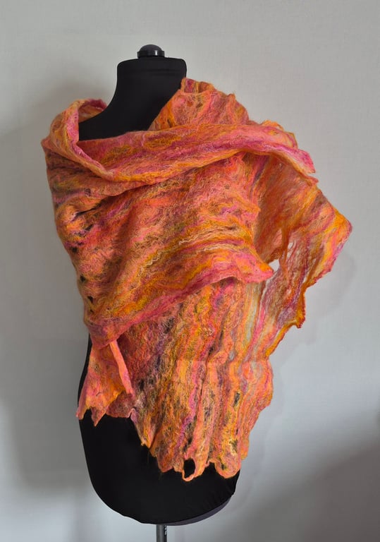 29.Handmade Felted Cobweb Wrap In Shades of Orange Merino Wool and Silk.
