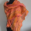 29.Handmade Felted Cobweb Shawl In Shades of Orange Merino Wool and Silk.
