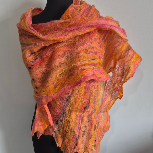 29.Handmade Felted Cobweb Shawl In Shades of Orange Merino Wool and Silk.