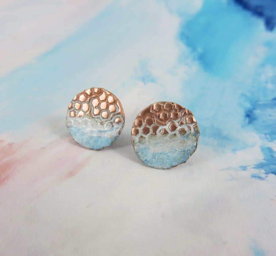 Enamel and Textured Copper Stud Earrings