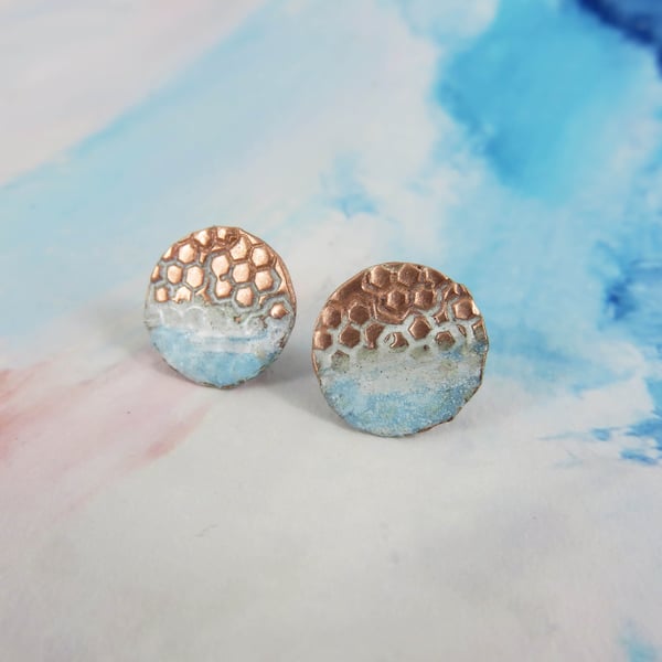 Enamel and Textured Copper Stud Earrings