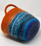 Medium Rust Orange and Blue Felt Basket with Cord Grab Handles - Image 8