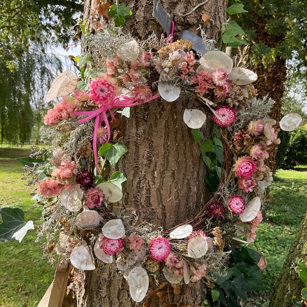 Dried Flower wreath - Pink and Summery gift for wedding, anniversary, birthday