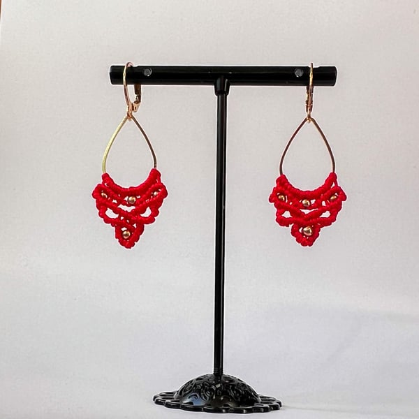 Earrings Macrame Tear Shaped - Red & Gold FREE UK P&P