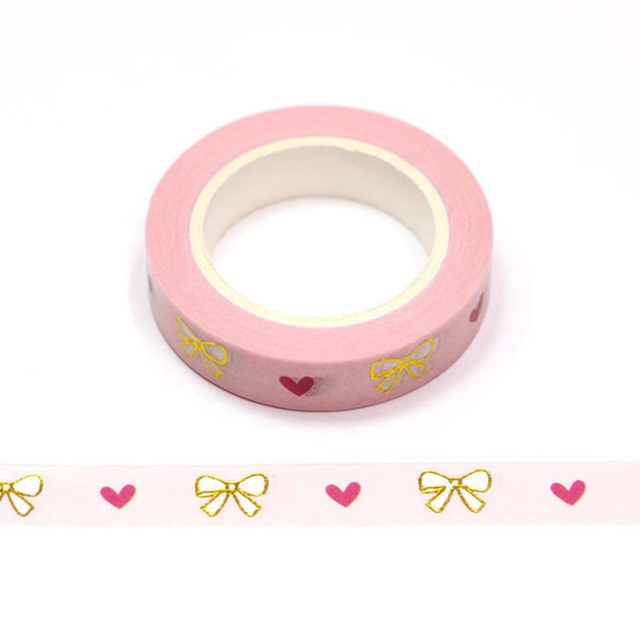 Pink Hearts and Bows Gold Foil Washi Tape 10mm x 10m Bullet Journal