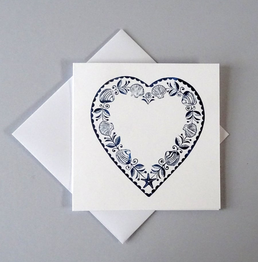 Coastal Scandi Heart Folk Art Card - Wedding Personalised Custom Valentine