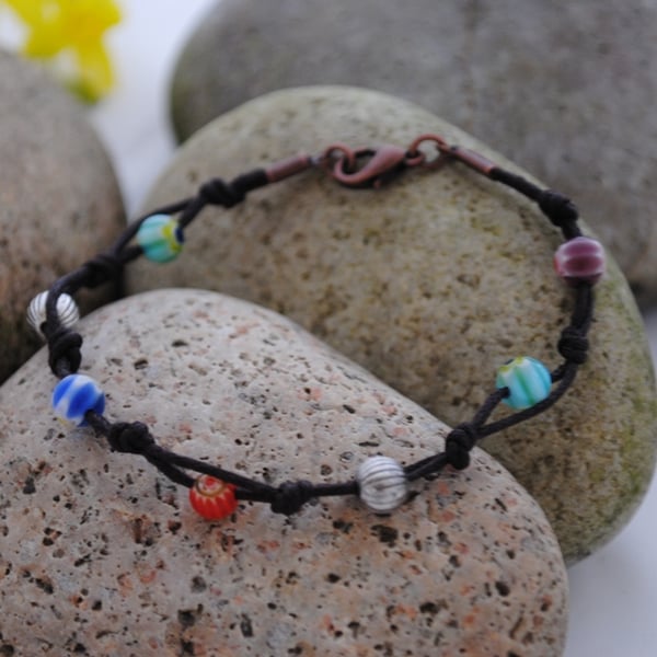 Millefiori & silver bracelet-boho & beach & surfer style (small)