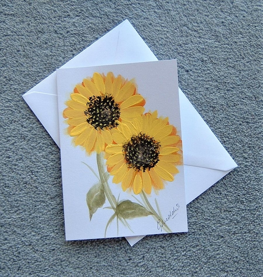 sunflower original art hand painted blank greetings card ( ref F 257 )