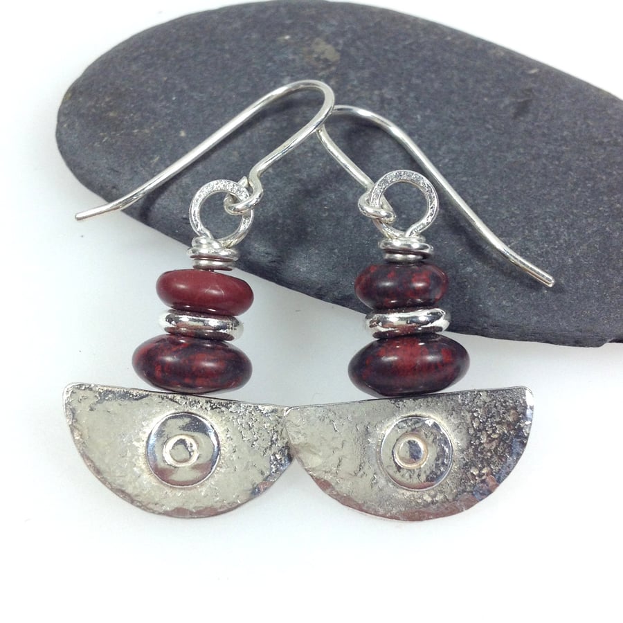 Ulu Earrings , handmade silver and red flame jasper drop earrings