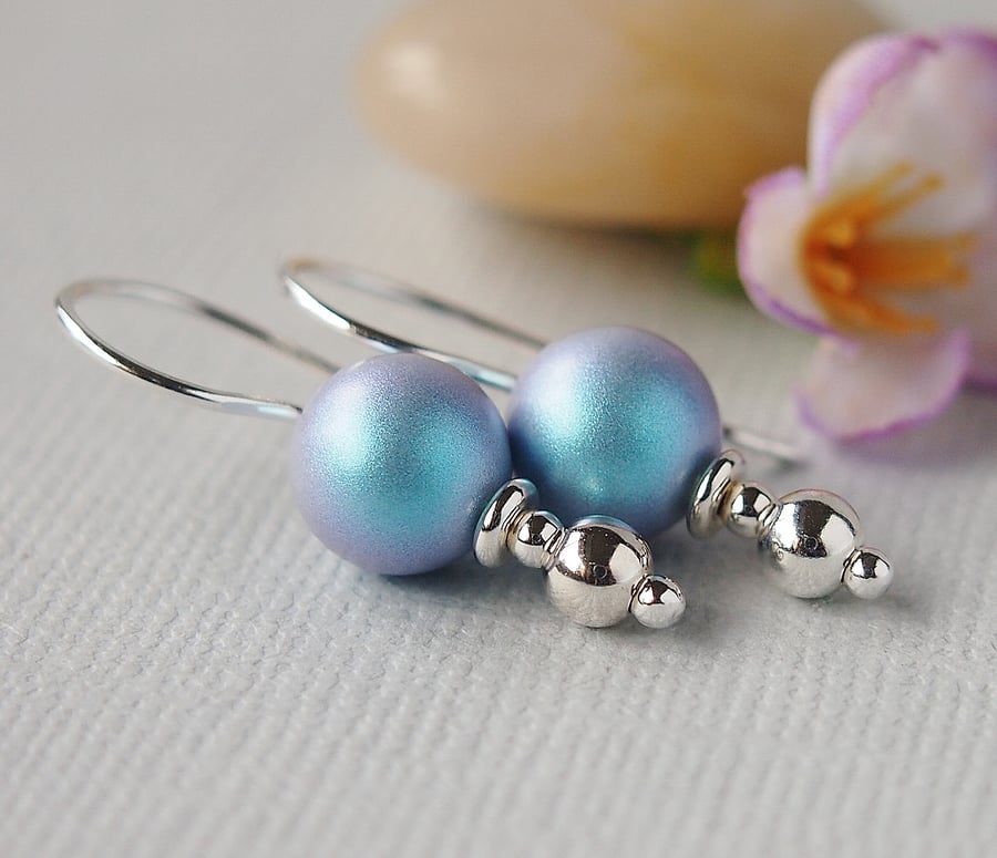 Light Blue Swarovski Pearl Earrings - Sterling Silver - Gifts - Drop Earrings