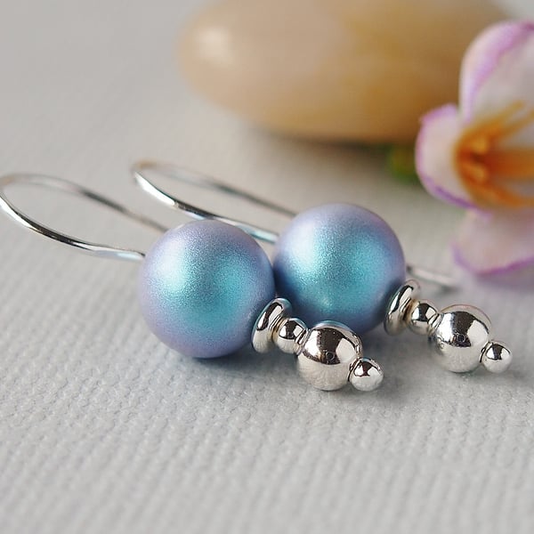 Light Blue Swarovski Pearl Earrings - Sterling Silver - Gifts - Drop Earrings
