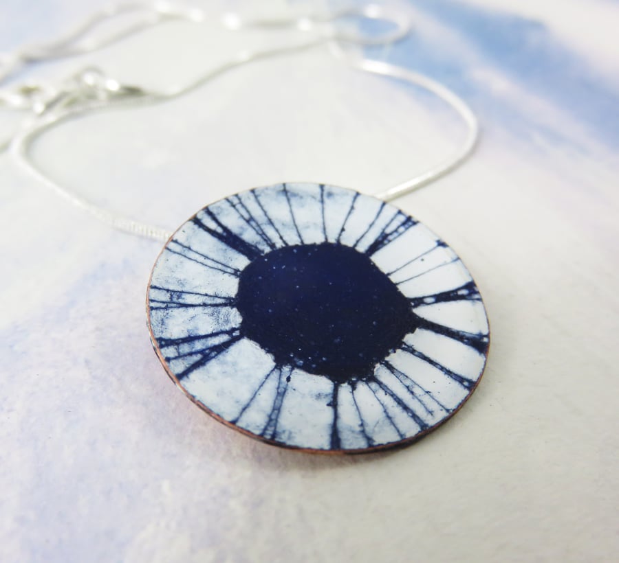 Round Pendant with Blue and White Enamel and Hand Drawn Detail