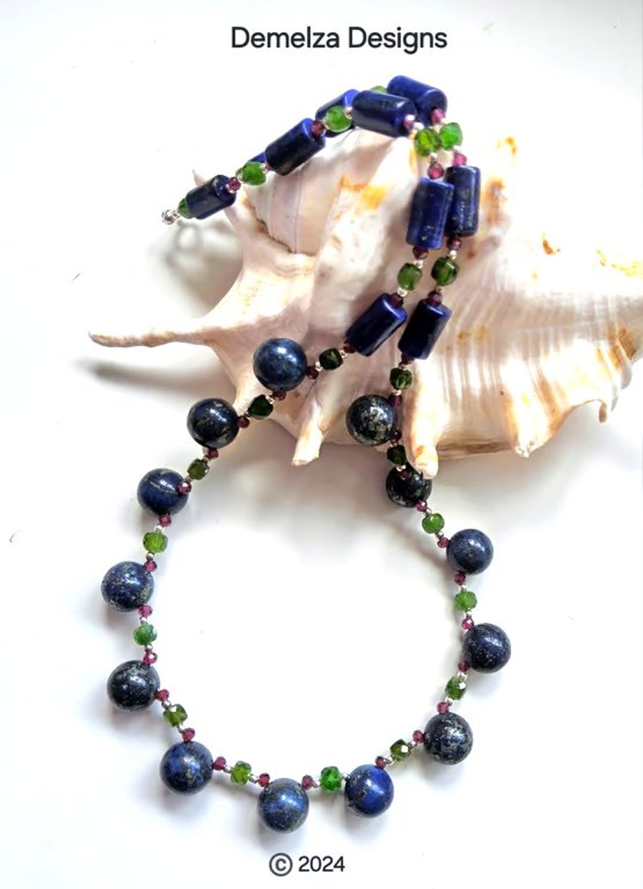 Designer Lapis Lazuli, Diopside, Rhodolite Garnet Sterling Silver Necklace