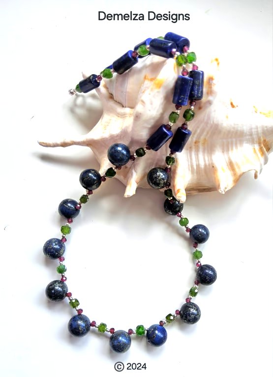 Designer Lapis Lazuli, Diopside, Rhodolite Garnet Sterling Silver Necklace