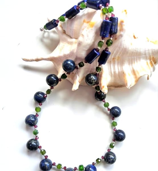 Designer Lapis Lazuli, Diopside, Rhodolite Garnet Sterling Silver Necklace