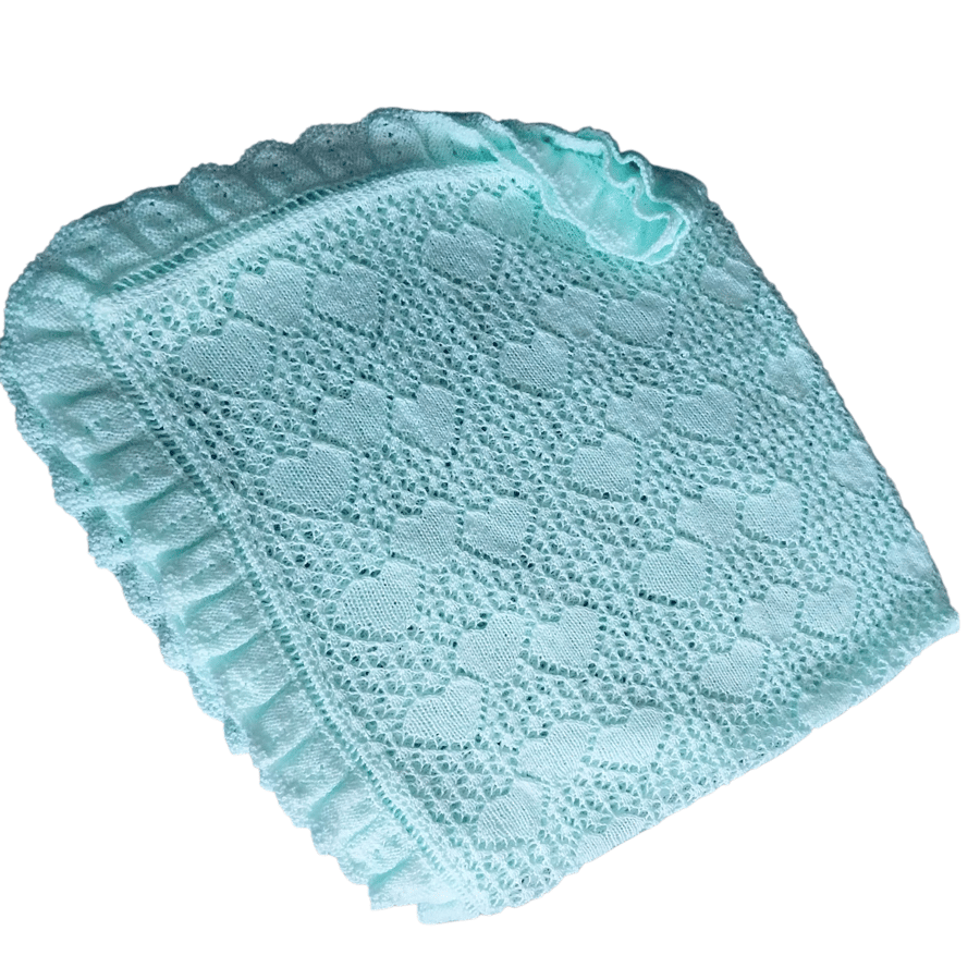 Handmade Mint Baby Shawl, Knitted Heart Lace Blanket for Newborns Christenings 