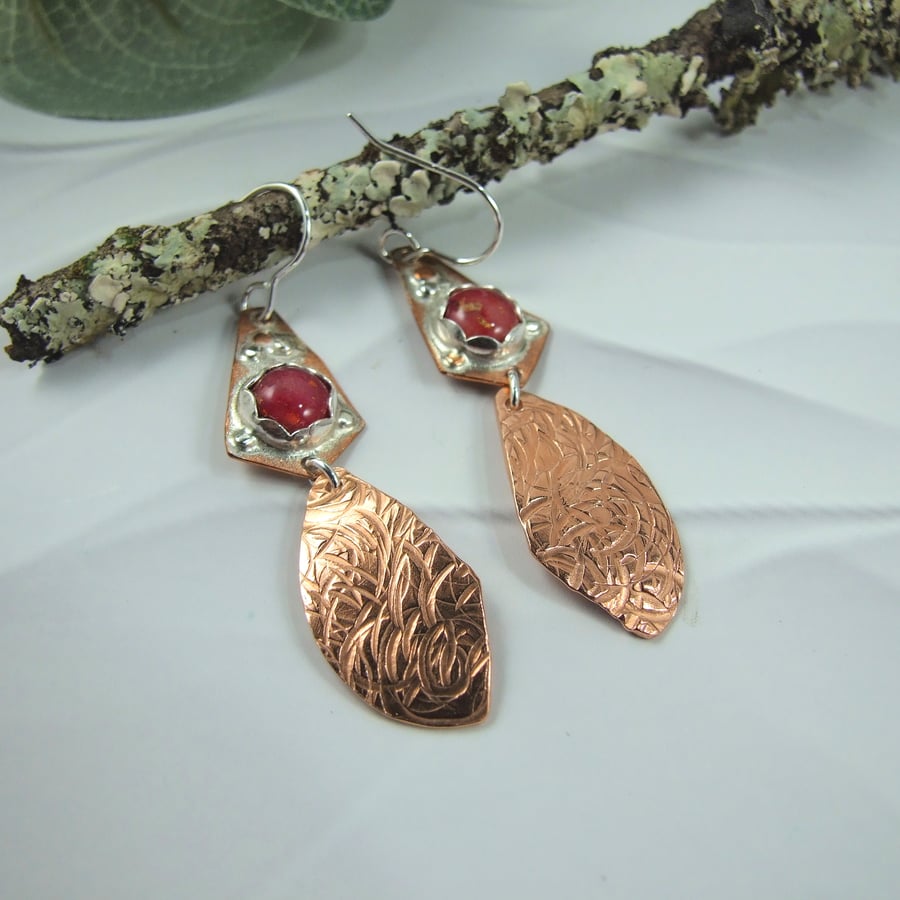 Earrings, Copper and Sterling Silver Droppers with Red Polymer Clay Element