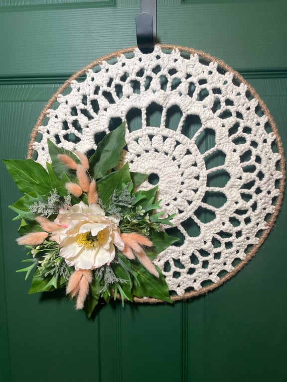 Elegant Boho Crochet Hoop Wreath with Peony & Bunny Tails