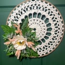 Elegant Boho Crochet Hoop Wreath with Peony & Bunny Tails