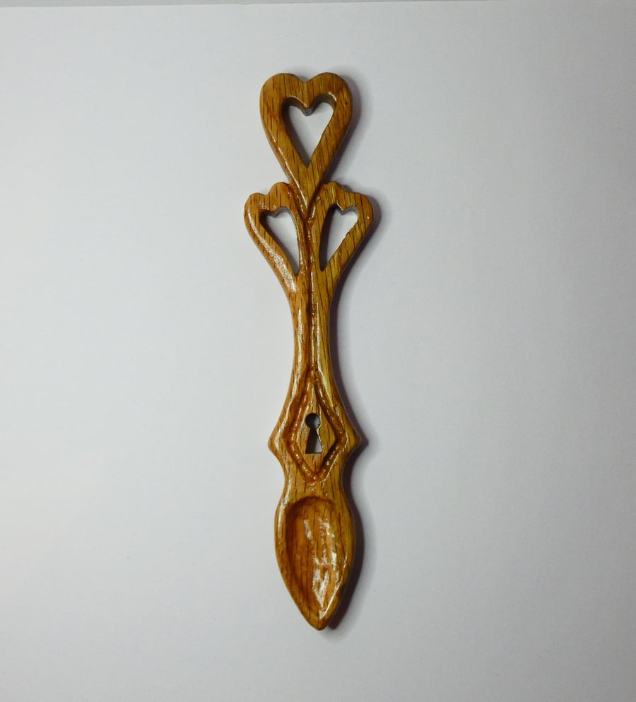 Handcarved Traditional Wooden Oak Love spoon with Three Hearts and a Keyhole 