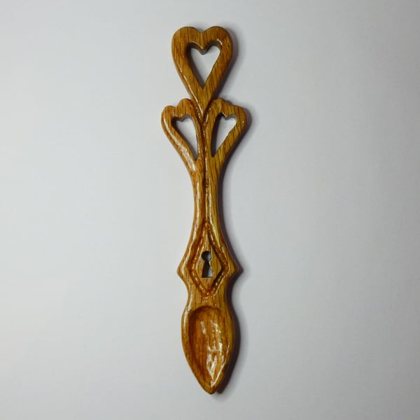Handcarved Traditional Wooden Oak Love spoon with Three Hearts and a Keyhole 