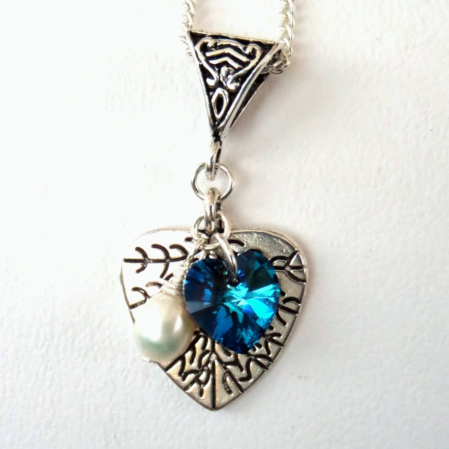 Tibetan silver charm necklace - pearl & Swarovski crystal