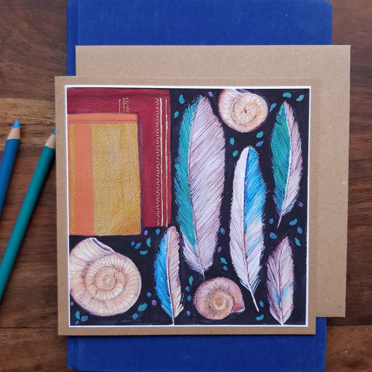 Feathers, snails and books- blank card from original artwork 