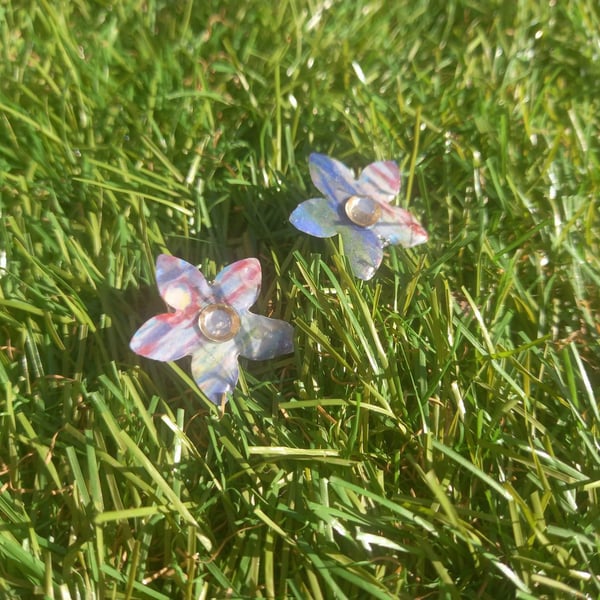Blue Monet Flower Studs with Gem