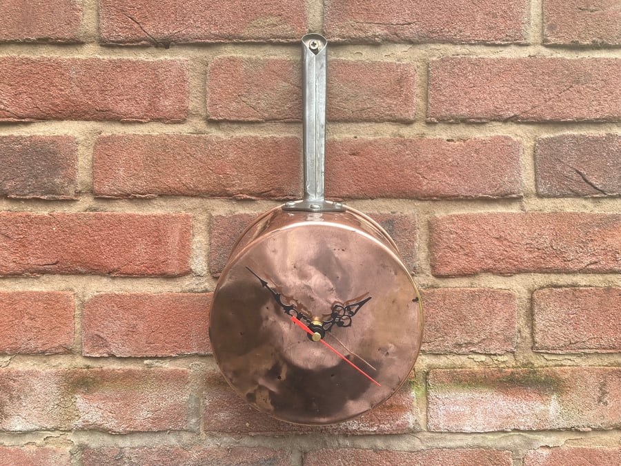Kitchen Wall Clock, Polished Copper, Upcycled Vintage Saucepan