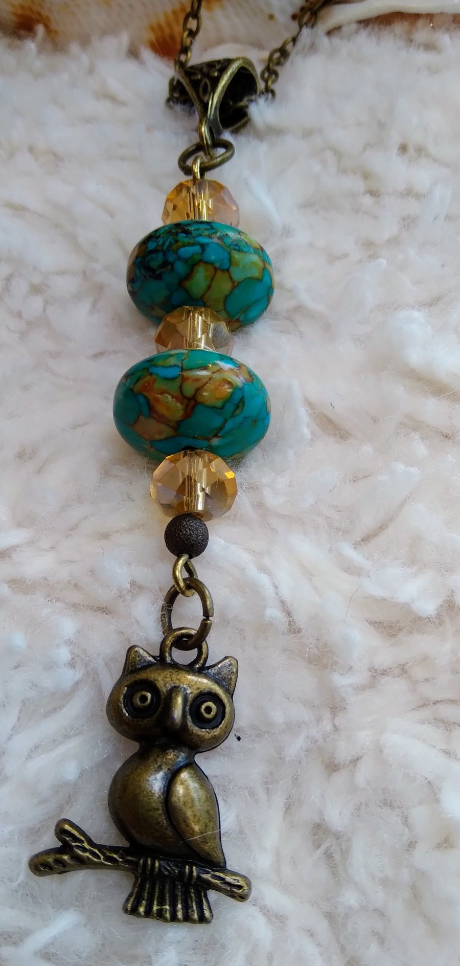 Turquoise Saucer beads with Czech lemon crystal BRONZE owl pendant necklace