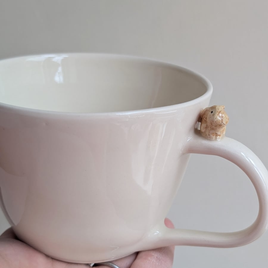 White cup with tiny rabbit & pawprints, pet lover gift SECOND SALE 