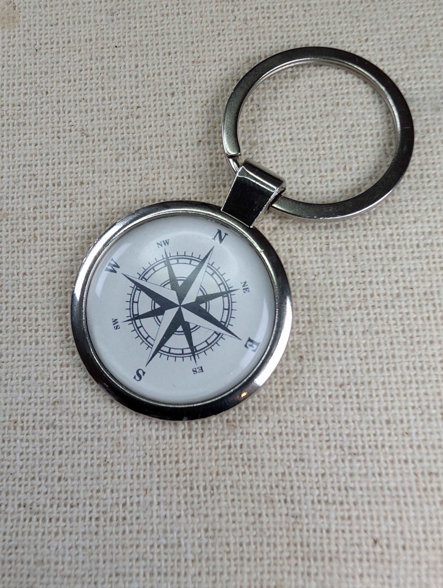 Compass Keychain - Travel Themed - Large Resin Finished Keyring