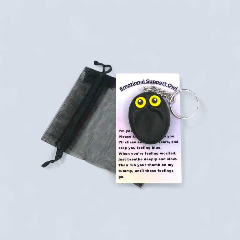 Black Worry Stone Owl Keychain - Emotional Support Owl Fidget Stone
