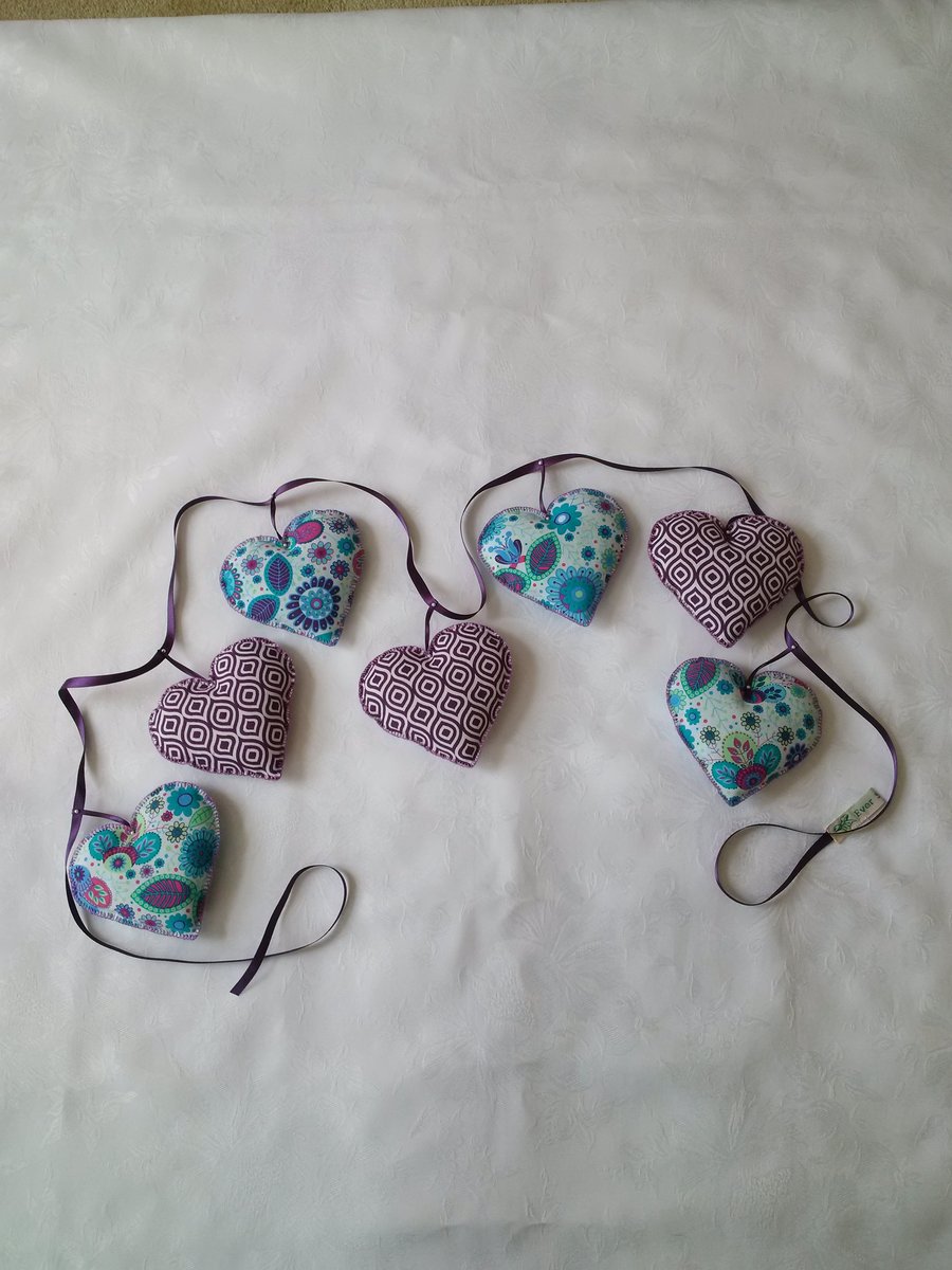 Garland, hand stitched, hearts, purple, turquoise, bunting, summer house