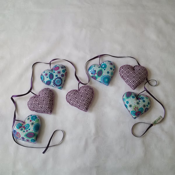 Garland, hand stitched, hearts, purple, turquoise, bunting, summer house