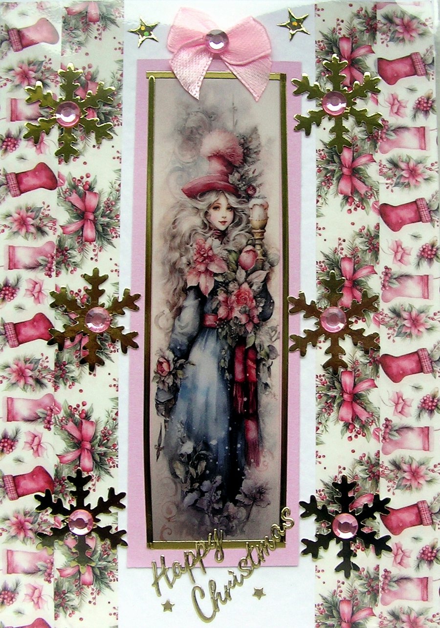Image of Hand Crafted Decoupage Chistmas Card - Happy Christmas (3241) Girl in Costume