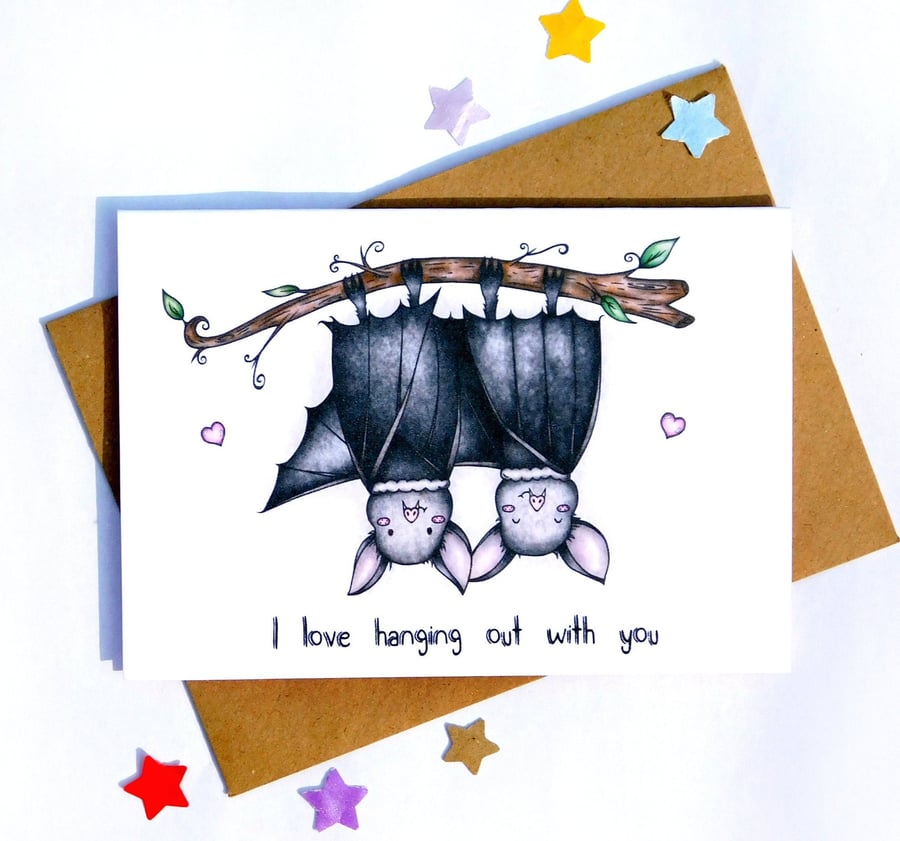 Cute Bat Birthday and Friendship Card, I Love Hanging Out With You! 